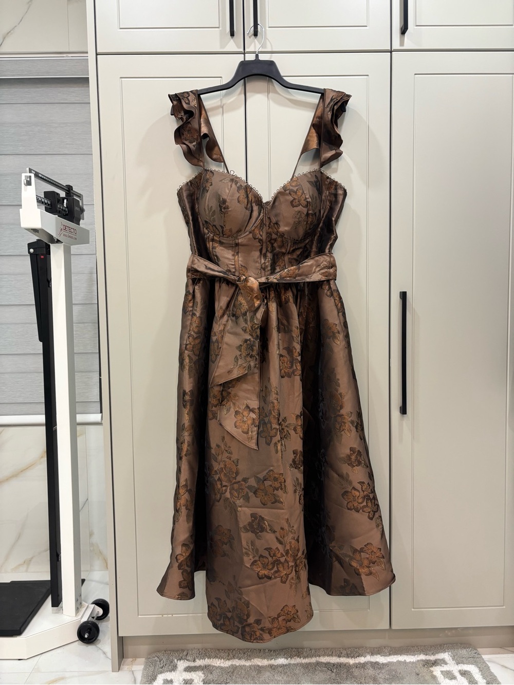 Brown Floral Midi Dress with Ruffle Straps and Waist Sash